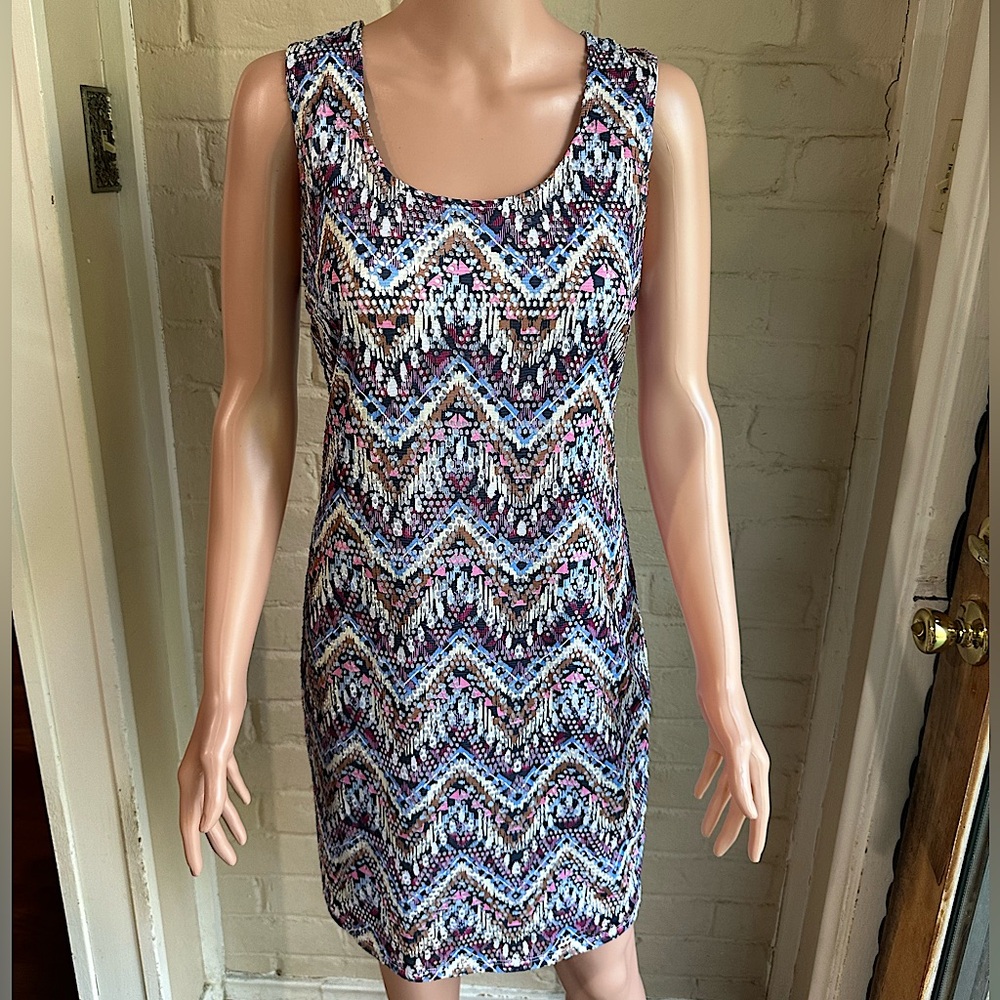 New Directions size small multi colored bodycon summer dress blue white